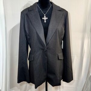 NWT Ellen Tracy Womens Herringbone One Button Blazer Jacket Charcoal Grey Size M